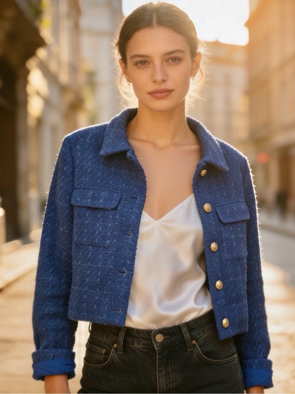 Rachel Zoe Navy Blue Cropped Tweed Jacket with Gold Buttons-XS